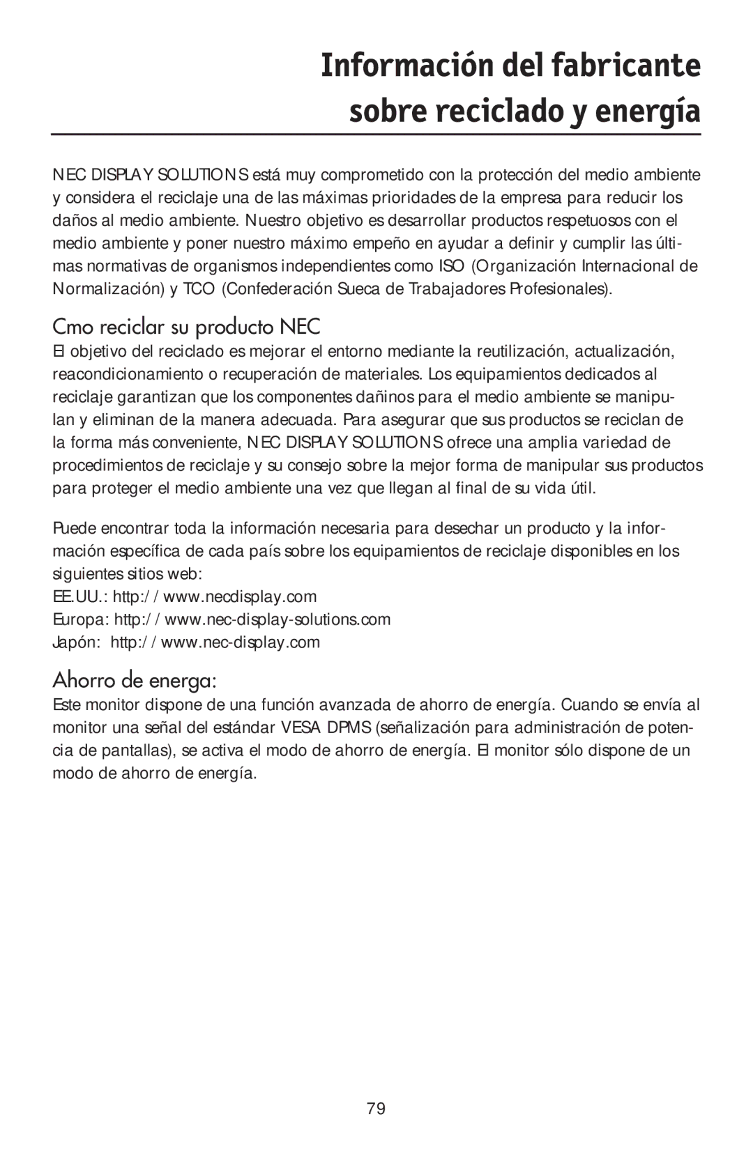 NEC LCD195NXM user manual Información del fabricante sobre reciclado y energía 