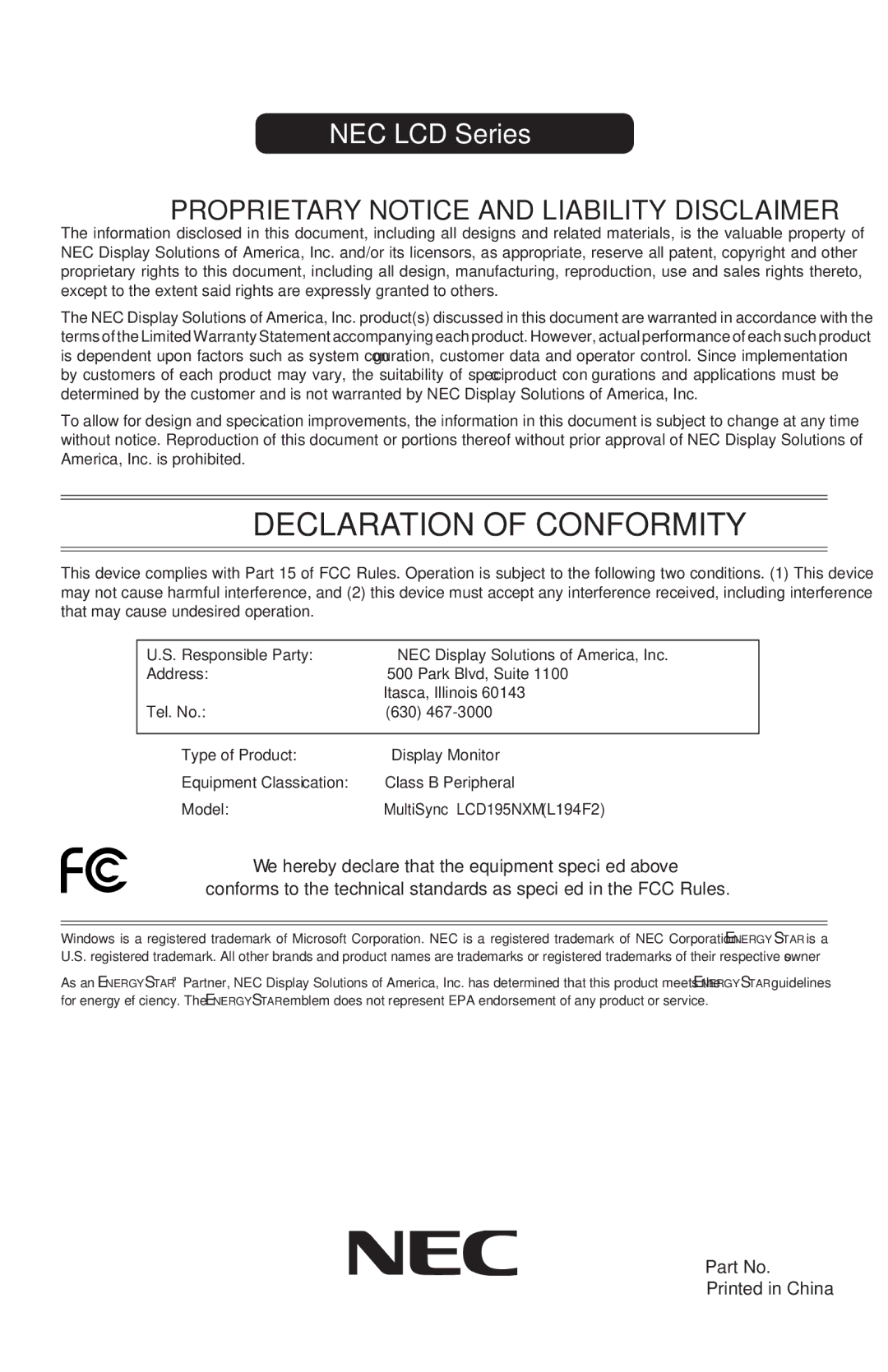 NEC LCD195NXM user manual Declaration of Conformity 