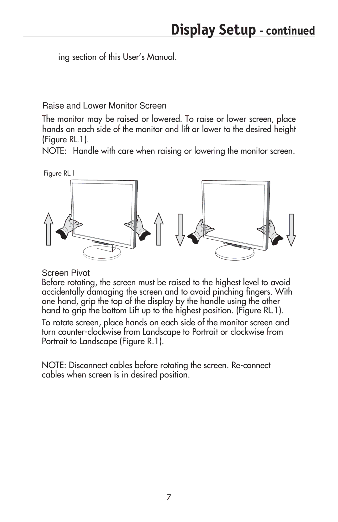 NEC LCD195NXM user manual Raise and Lower Monitor Screen, Screen Pivot 