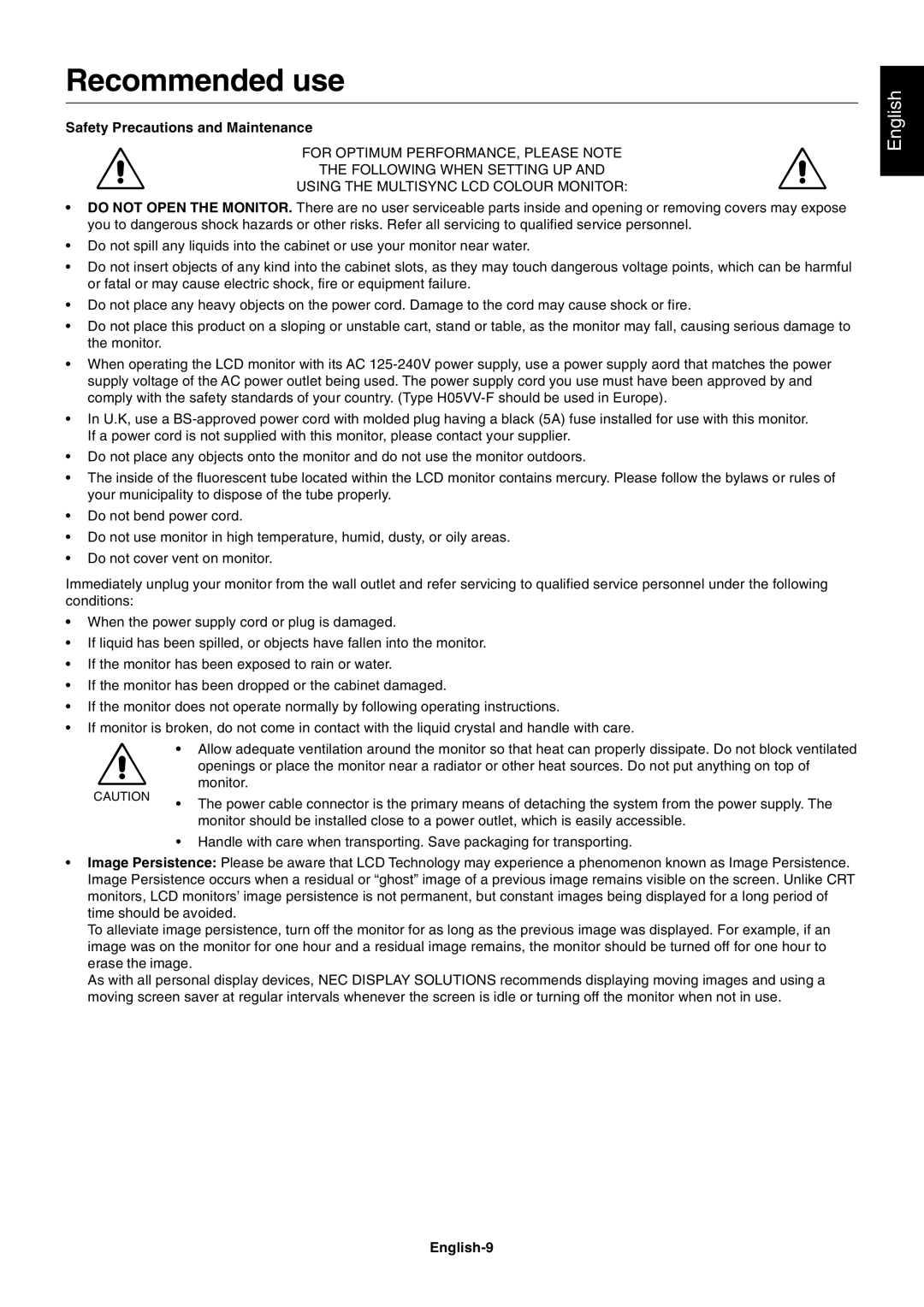 NEC LCD195WXM user manual Recommended use, Safety Precautions and Maintenance, English-9 