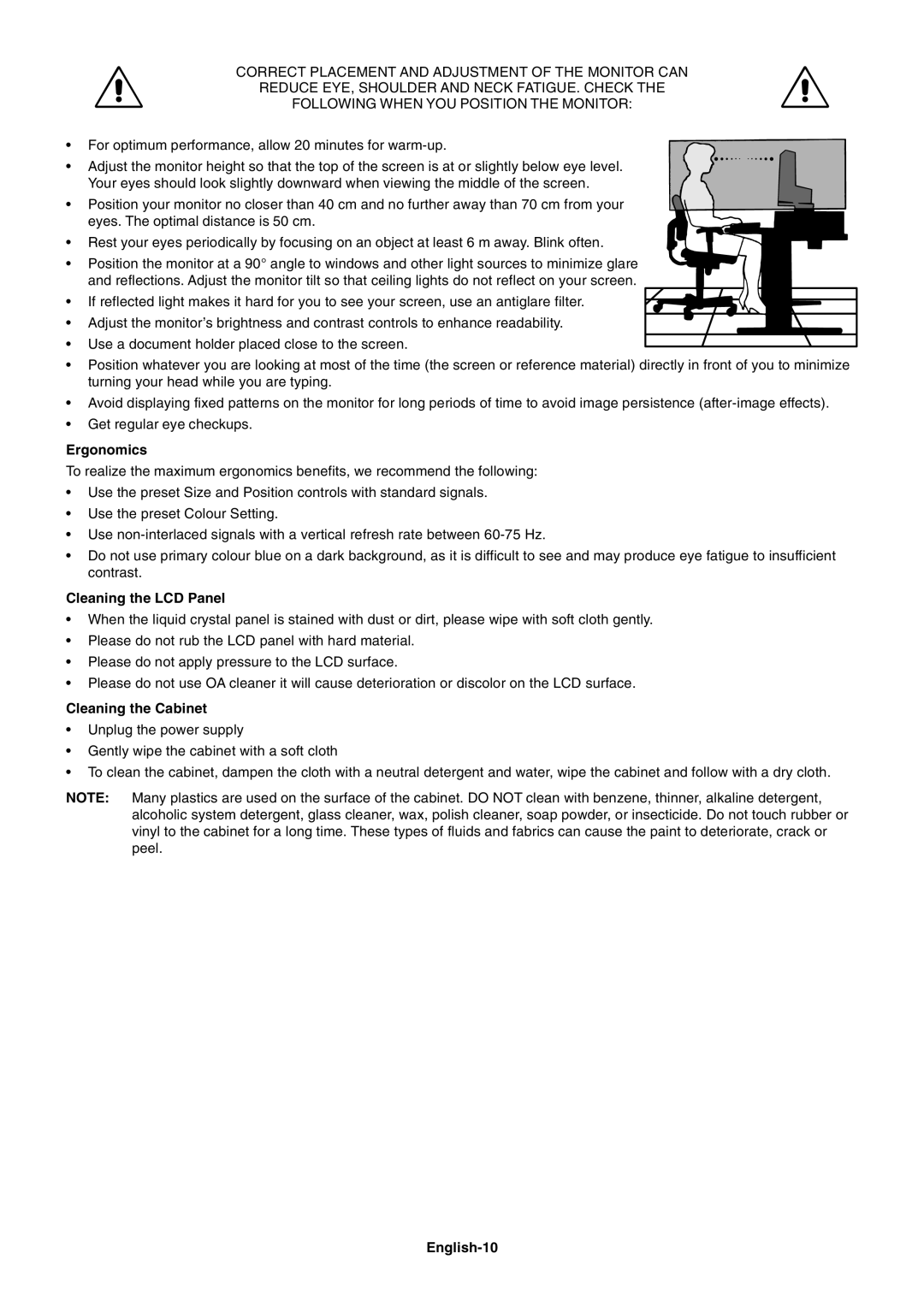 NEC LCD195WXM user manual Ergonomics, Cleaning the LCD Panel, Cleaning the Cabinet, English-10 