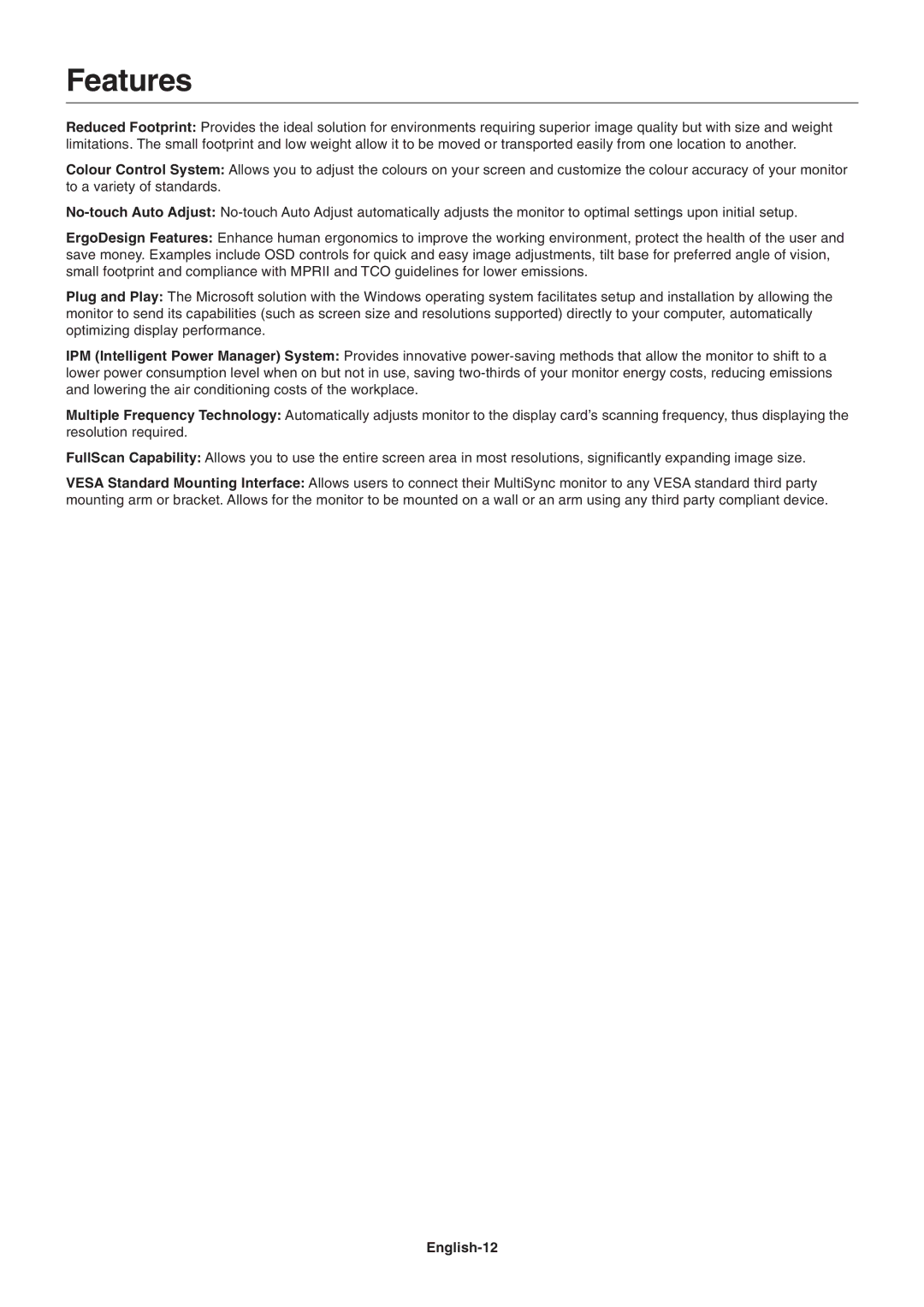 NEC LCD195WXM user manual Features, English-12 