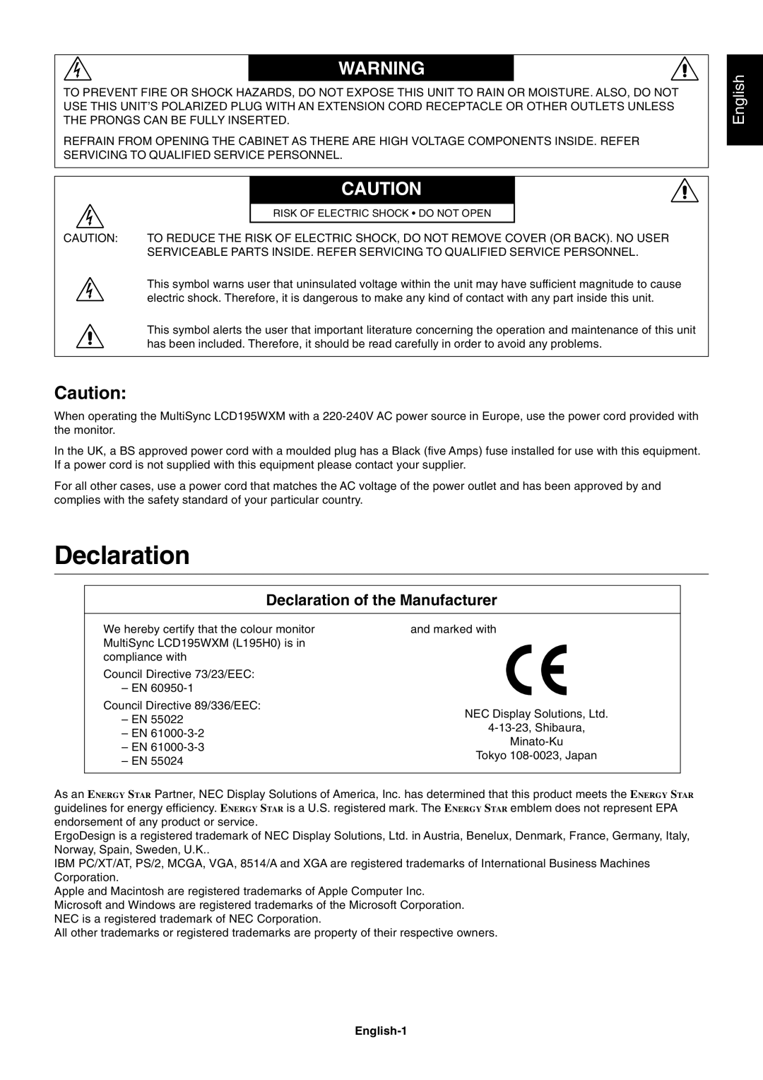 NEC LCD195WXM user manual Declaration of the Manufacturer, English-1 