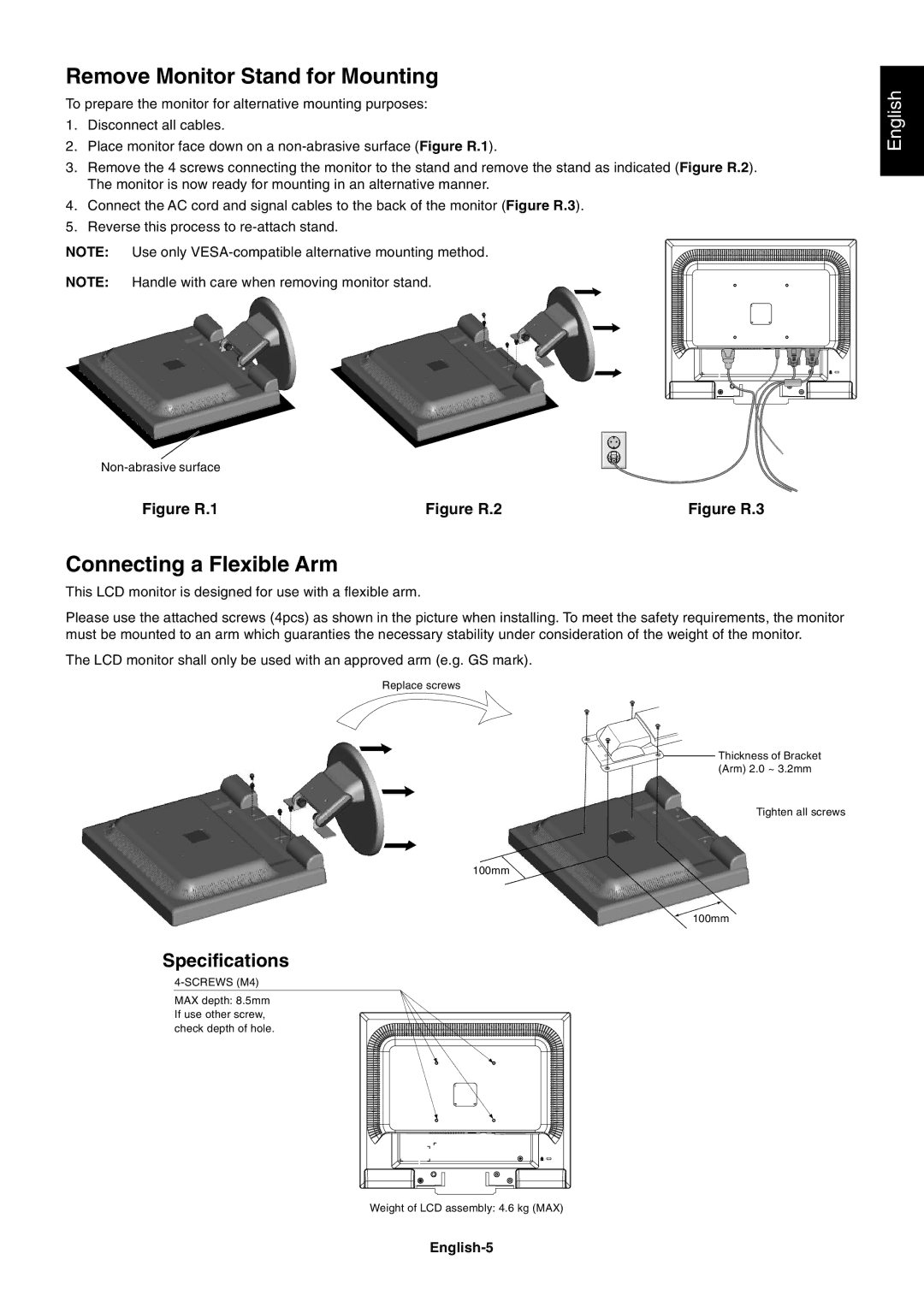 NEC LCD195WXM user manual Remove Monitor Stand for Mounting, Connecting a Flexible Arm, Specifications, English-5 