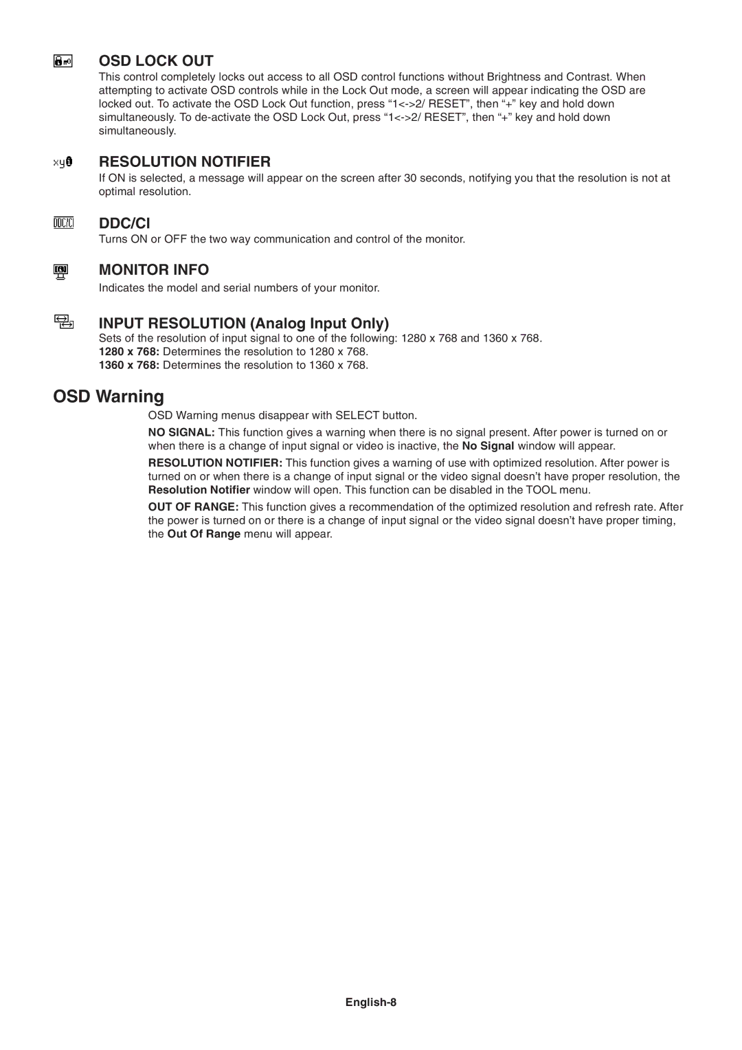 NEC LCD195WXM user manual OSD Warning, Input Resolution Analog Input Only, English-8 