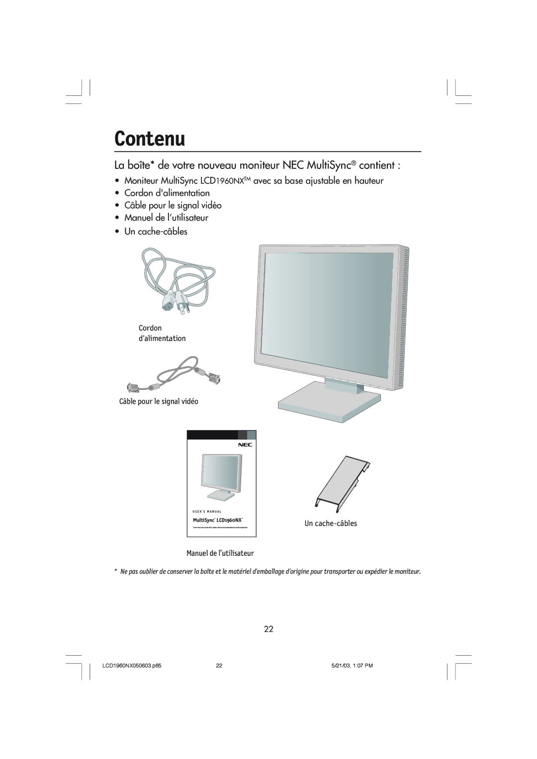 NEC LCD1960NX manual Contenu, La bote* de votre nouveau moniteur NEC MultiSync¨ contient 