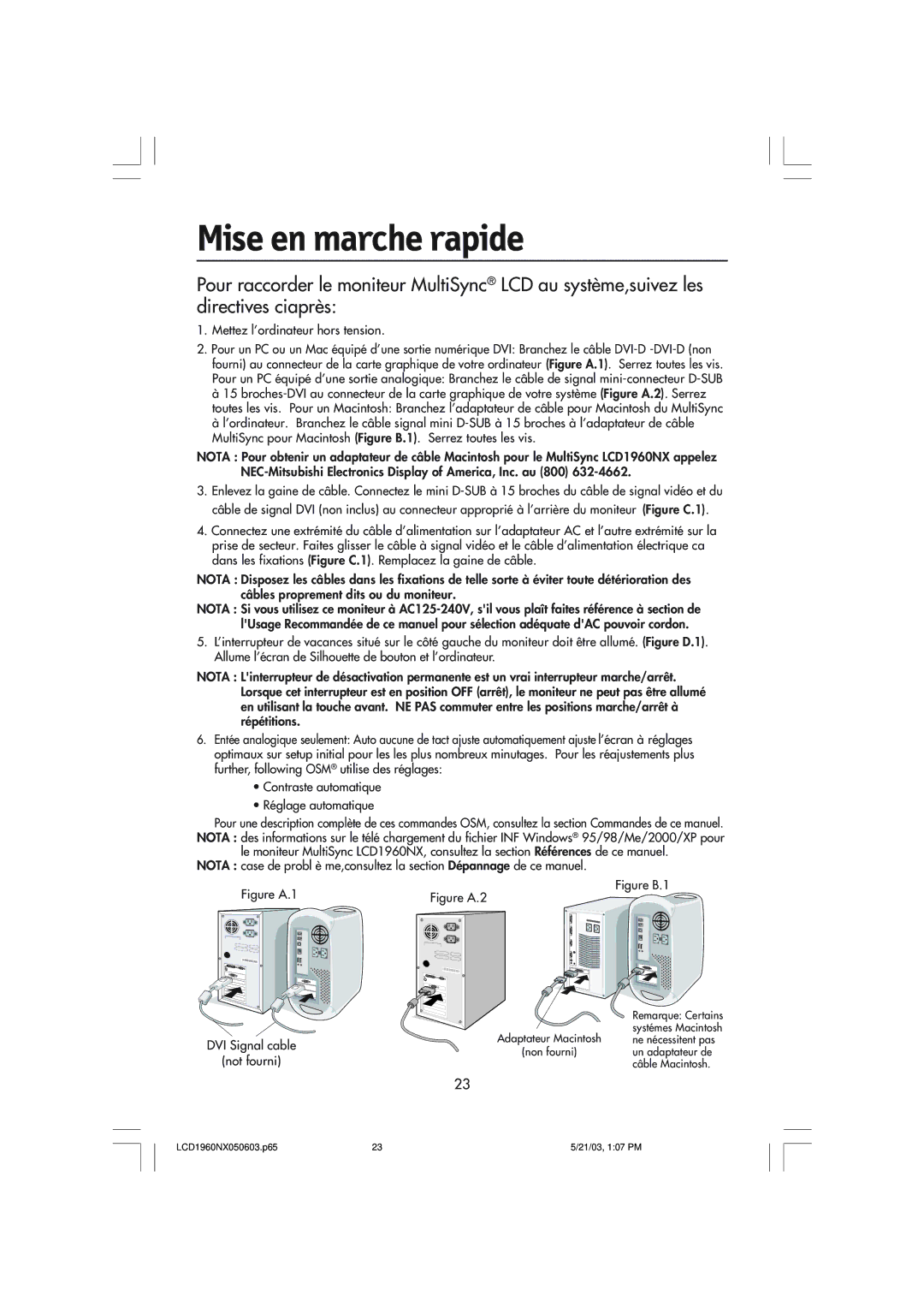 NEC LCD1960NX manual Mise en marche rapide, Mettez lÕordinateur hors tension 