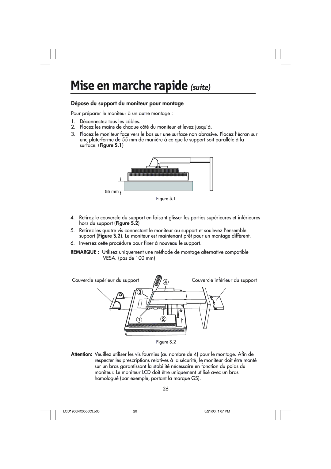 NEC LCD1960NX manual Dépose du support du moniteur pour montage, Figure S.1 