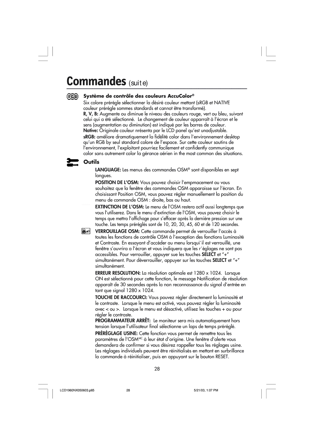 NEC LCD1960NX manual Commandes suite, Outils 