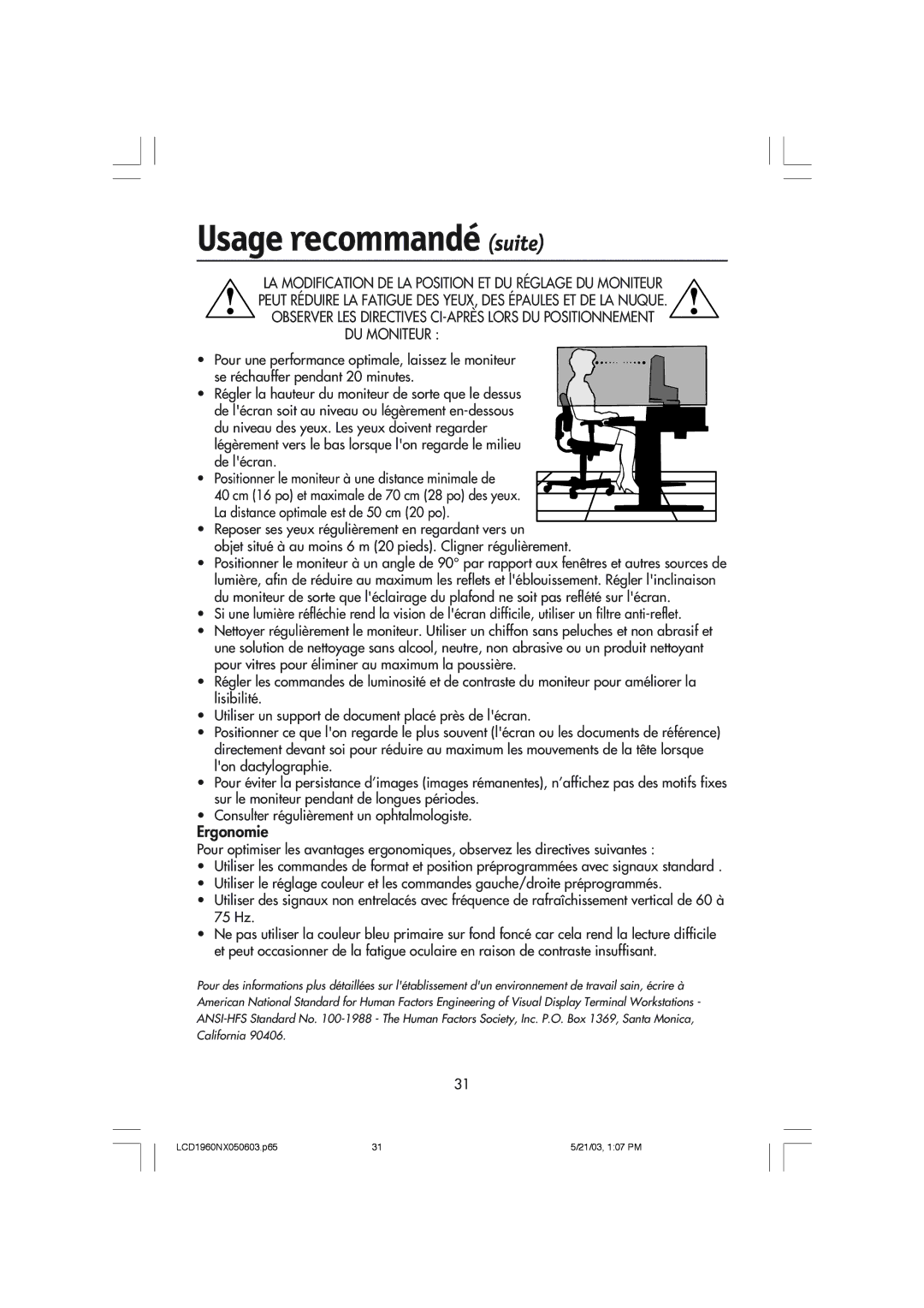 NEC LCD1960NX manual Usage recommandé suite, Ergonomie 