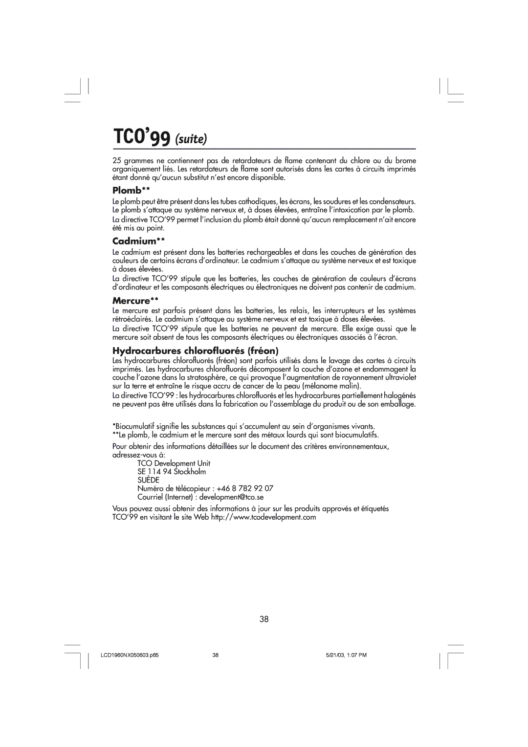 NEC LCD1960NX manual TCO’99 suite, Plomb, Cadmium, Mercure, Hydrocarbures chlorofluorés fréon 