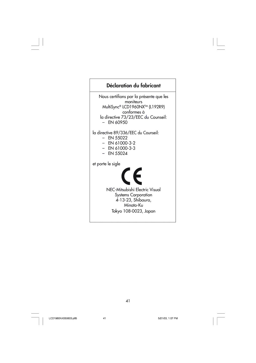 NEC LCD1960NX manual Déclaration du fabricant 