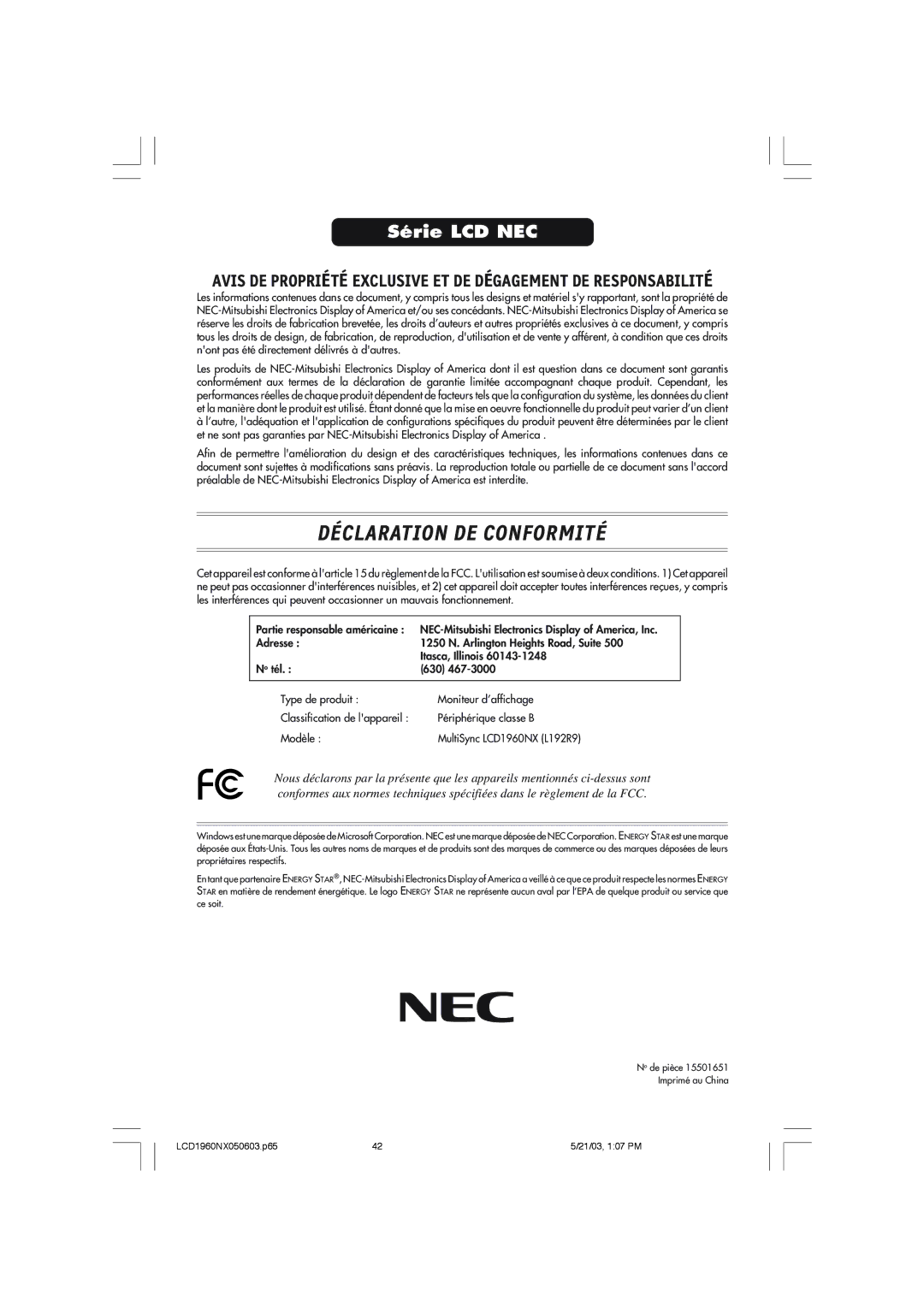 NEC LCD1960NX manual Déclaration DE Conformité 