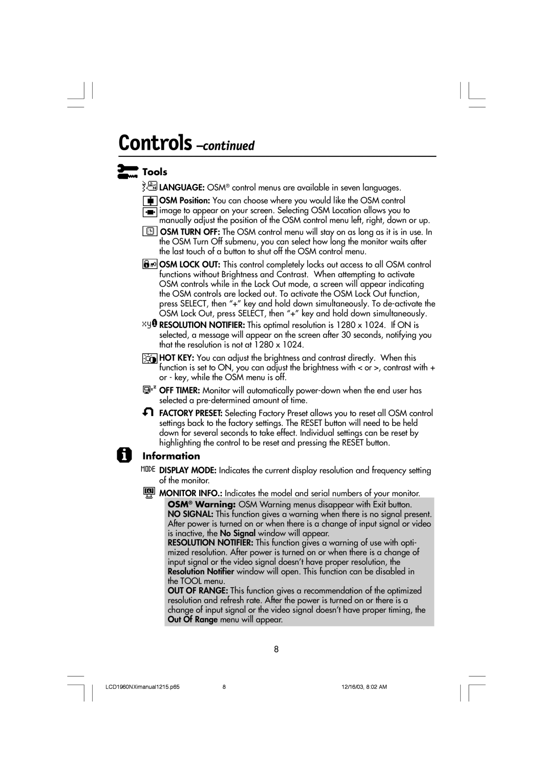 NEC LCD1960NXI manual Controls -continued, Tools, Information 