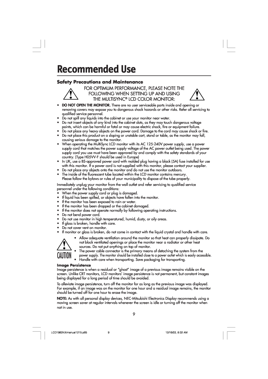 NEC LCD1960NXI manual Recommended Use, Safety Precautions and Maintenance, For Optimum Performance, Please Note The 