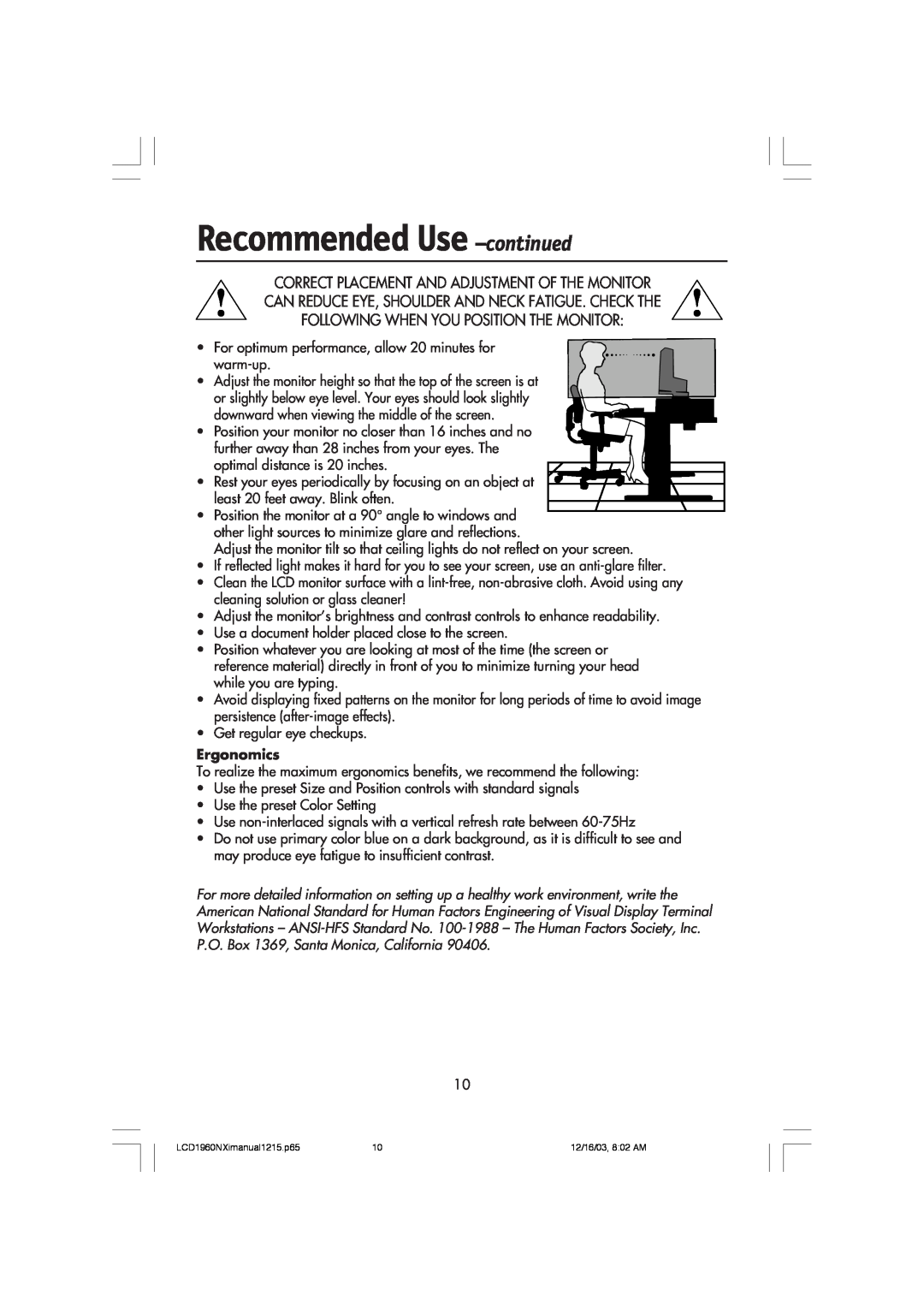 NEC LCD1960NXI manual Recommended Use -continued, Ergonomics 