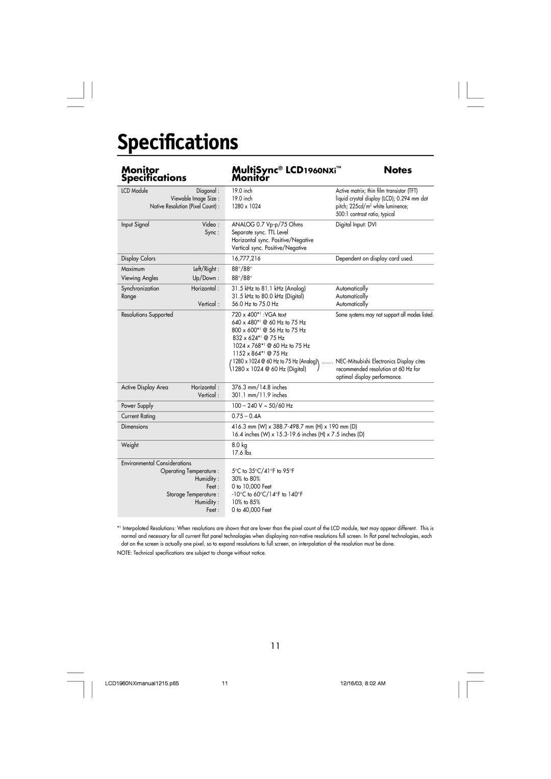 NEC LCD1960NXI manual Specifications, Monitor, MultiSync LCD1960NXi 