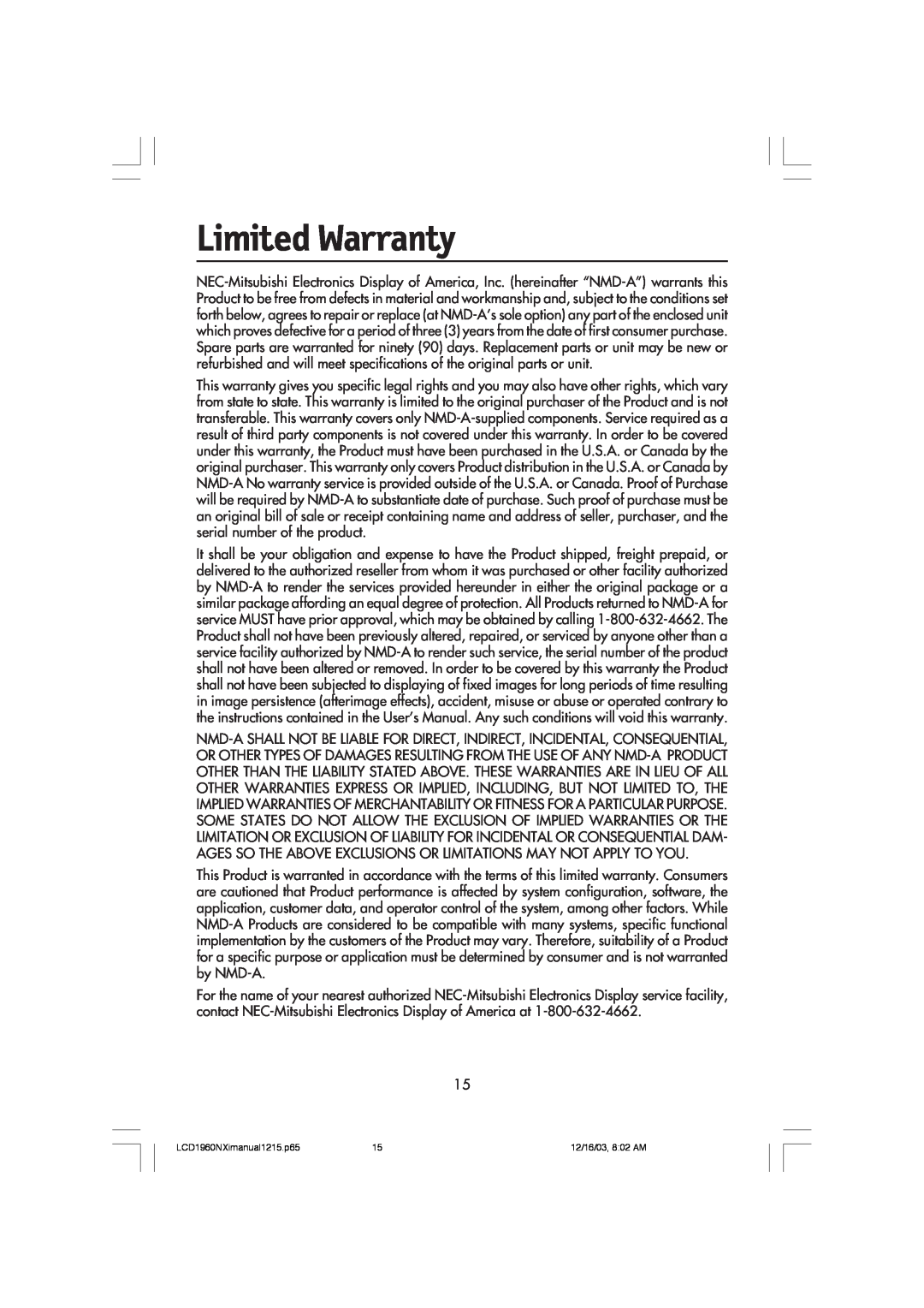 NEC LCD1960NXI manual Limited Warranty 