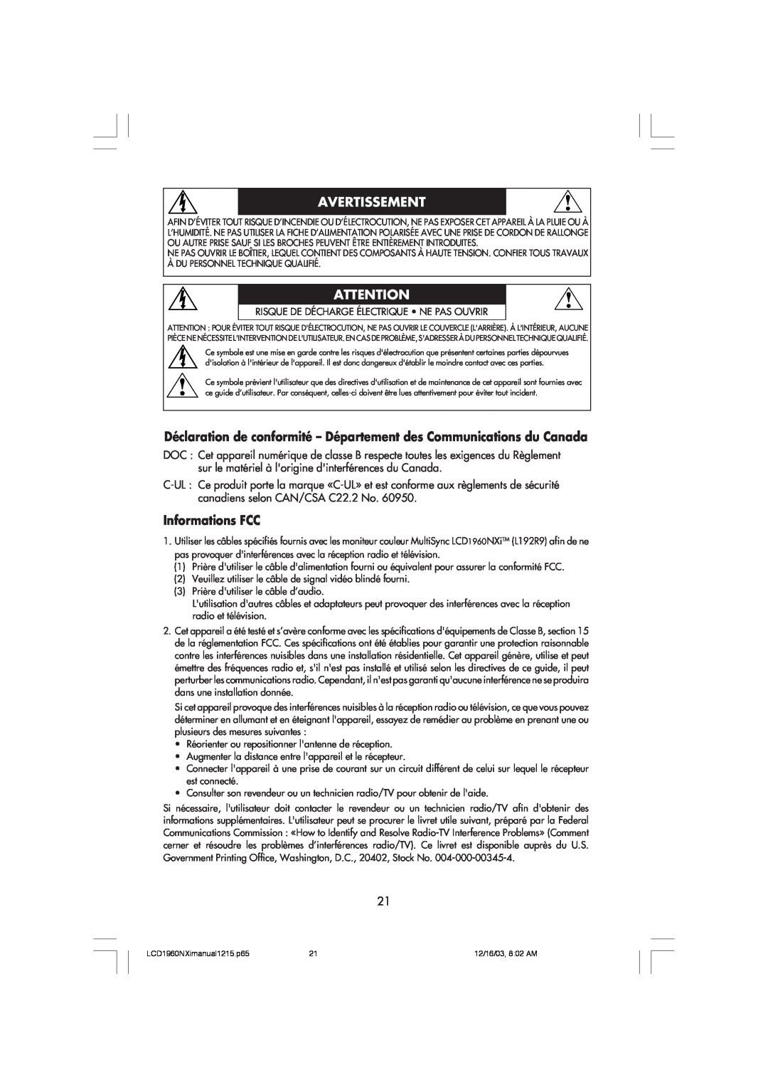 NEC LCD1960NXI manual Déclaration de conformité - Département des Communications du Canada, Informations FCC, Avertissement 