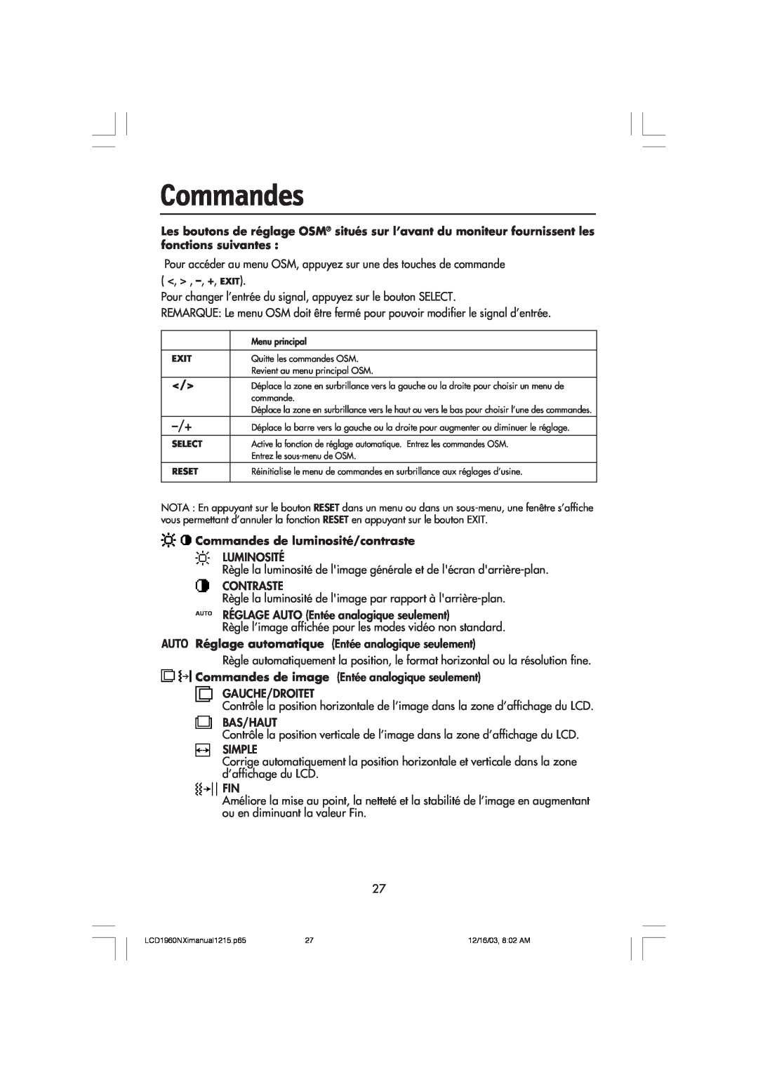 NEC LCD1960NXI manual Commandes de luminosité/contraste 