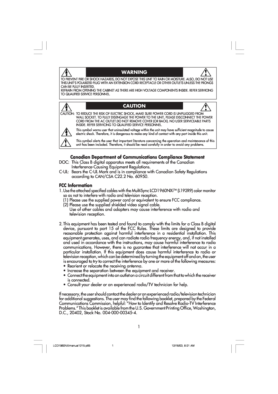 NEC LCD1960NXI manual Canadian Department of Communications Compliance Statement, FCC Information 