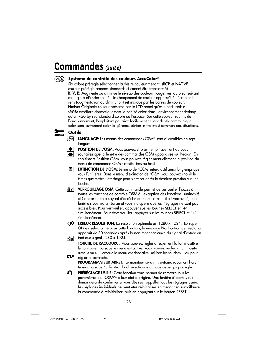 NEC LCD1960NXI manual Commandes suite, Outils, Système de contrôle des couleurs AccuColor 