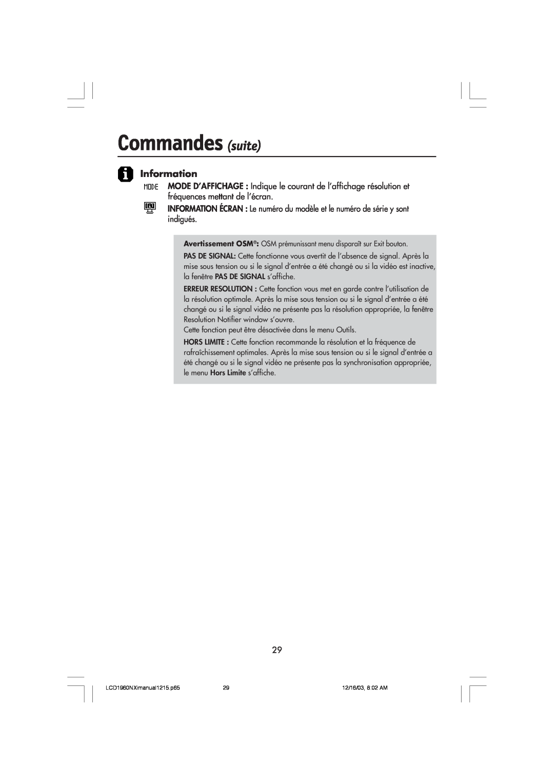 NEC LCD1960NXI manual Commandes suite, Information, Avertissement OSM OSM prŽmunissant menu dispara”t sur Exit bouton 