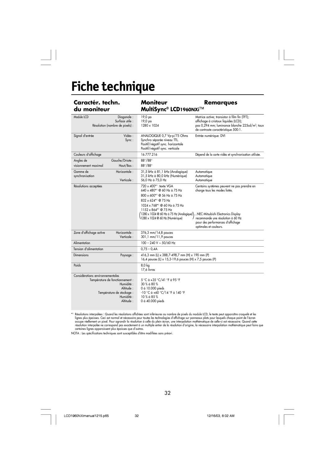 NEC LCD1960NXI manual Fiche technique, Caractér. techn, Moniteur, Remarques, du moniteur, MultiSync LCD1960NXiª 