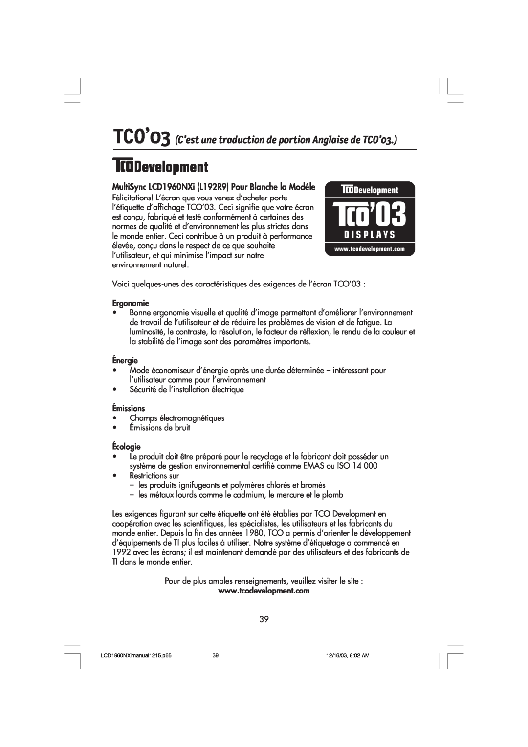 NEC LCD1960NXI manual TCO’03 C’est une traduction de portion Anglaise de TCO’03 