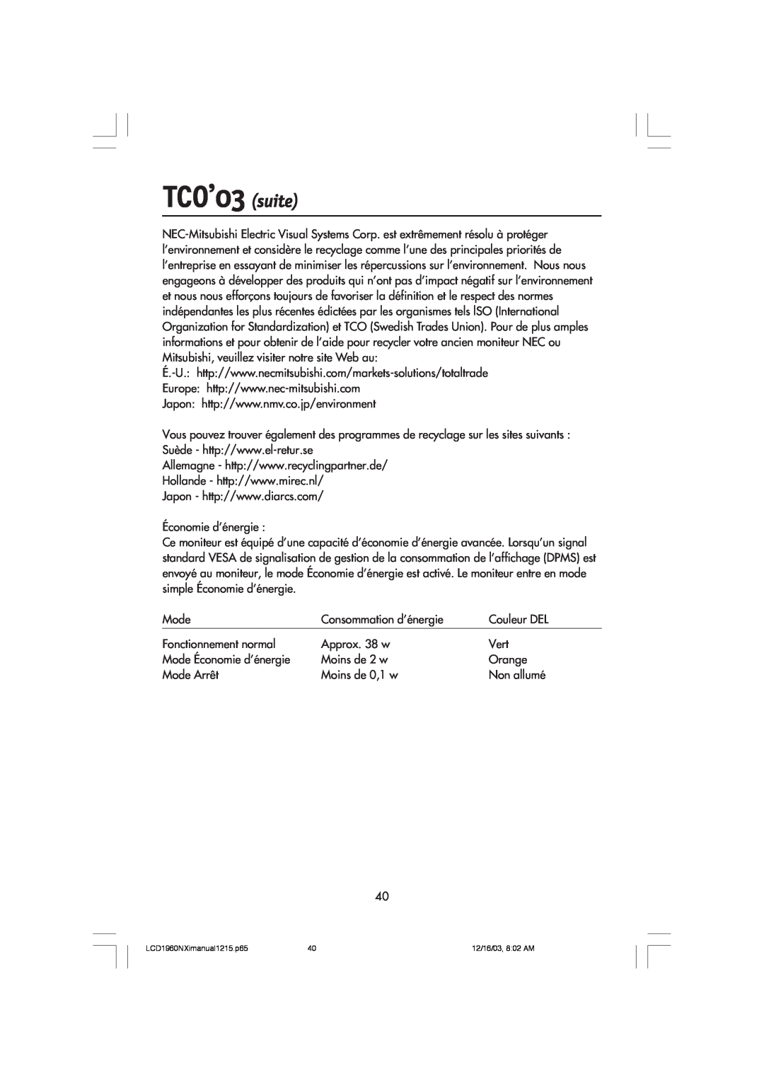 NEC LCD1960NXI manual TCO’03 suite 