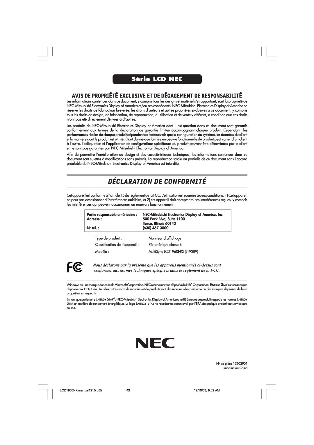 NEC LCD1960NXI Déclaration De Conformité, Série LCD NEC, Avis De Propriété Exclusive Et De Dégagement De Responsabilité 