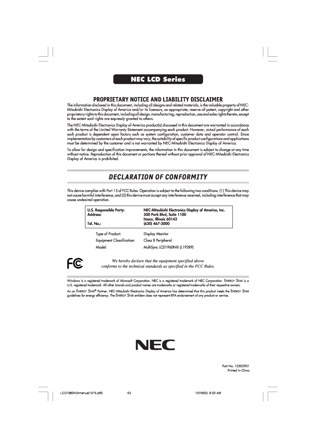 NEC LCD1960NXI manual Declaration Of Conformity, NEC LCD Series, Proprietary Notice And Liability Disclaimer 