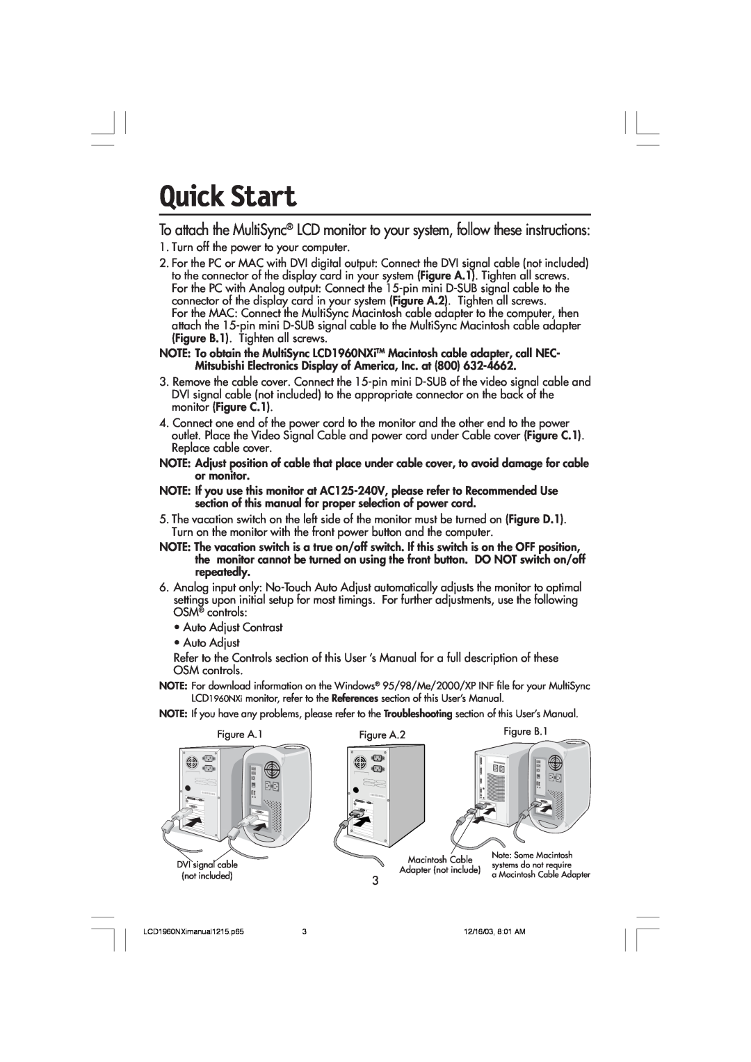 NEC LCD1960NXI manual Quick Start 