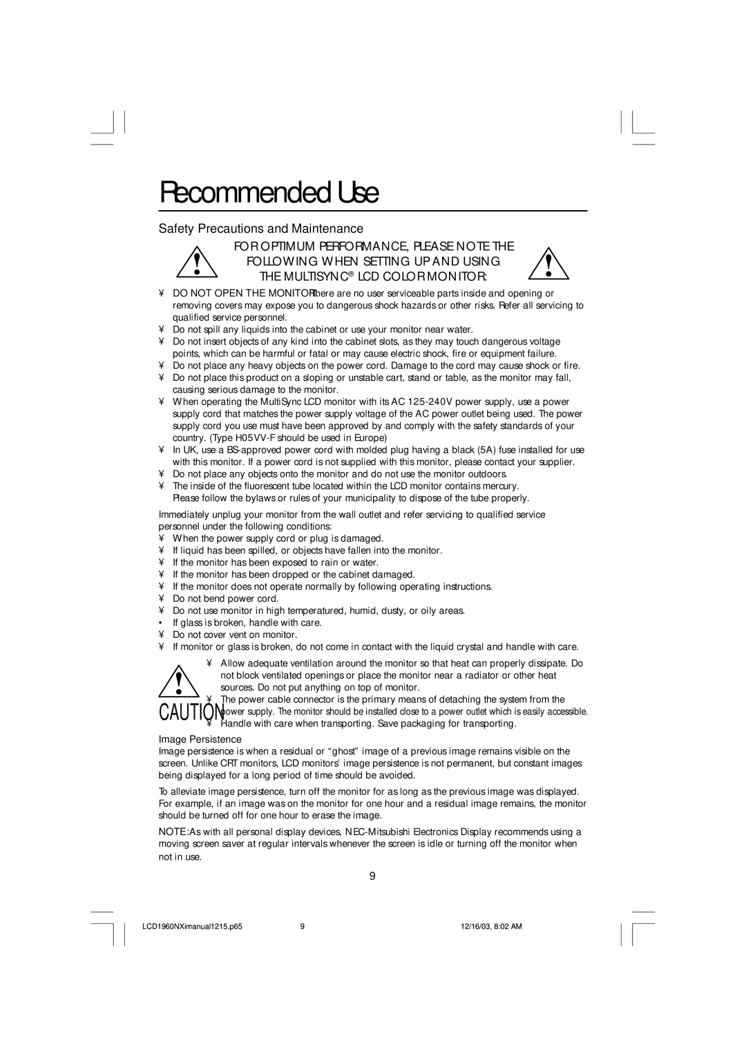 NEC LCD1960NXI manual Recommended Use, Safety Precautions and Maintenance 