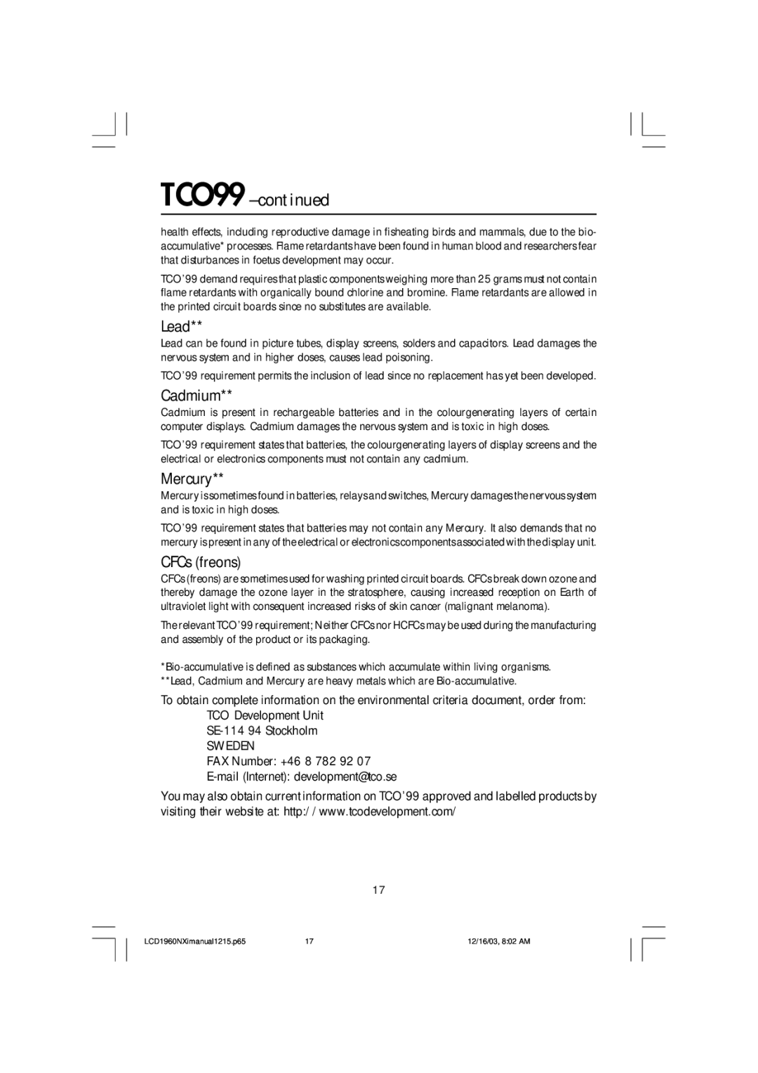 NEC LCD1960NXI manual TCO’99, FAX Number +46 8 782 92 Mail Internet development@tco.se 