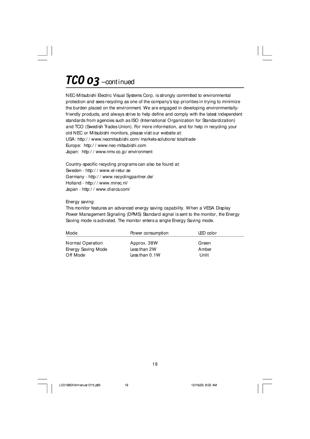 NEC LCD1960NXI manual TCO’03 