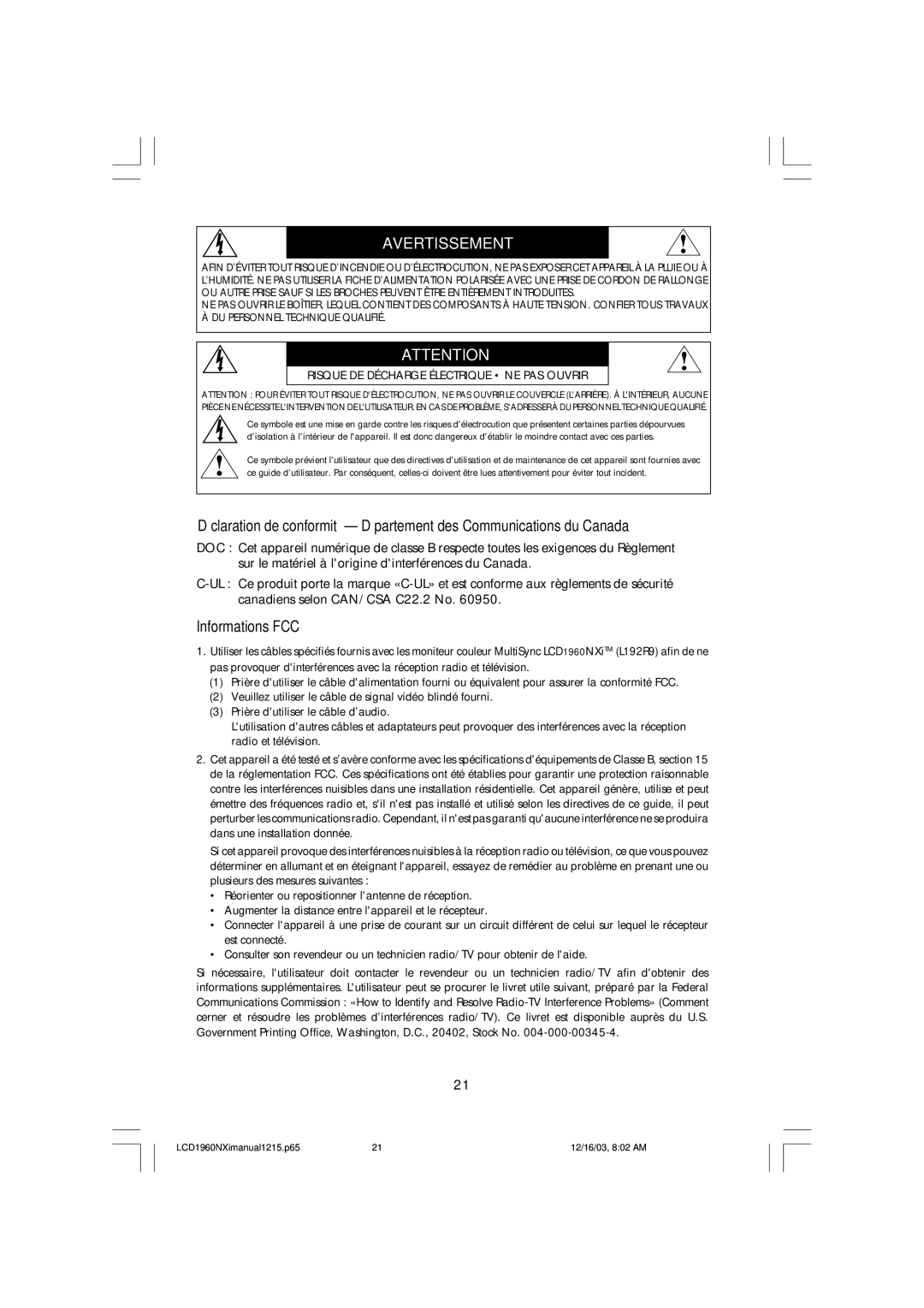 NEC LCD1960NXI manual Avertissement, Informations FCC 