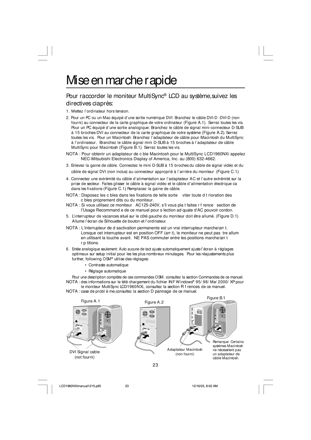 NEC LCD1960NXI manual Mise en marche rapide, Mettez lÕordinateur hors tension 