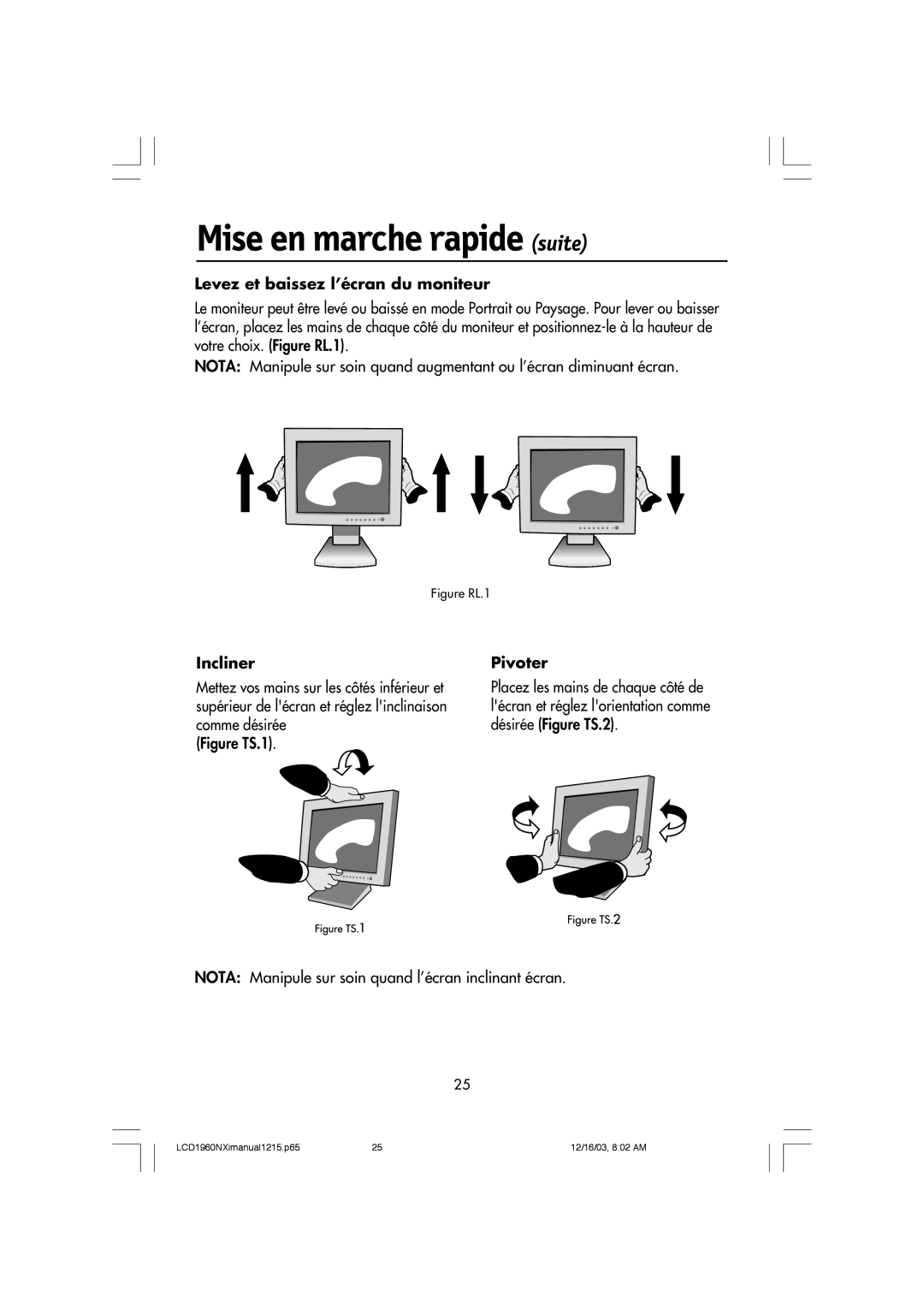 NEC LCD1960NXI manual Levez et baissez l’écran du moniteur, Incliner, Pivoter 