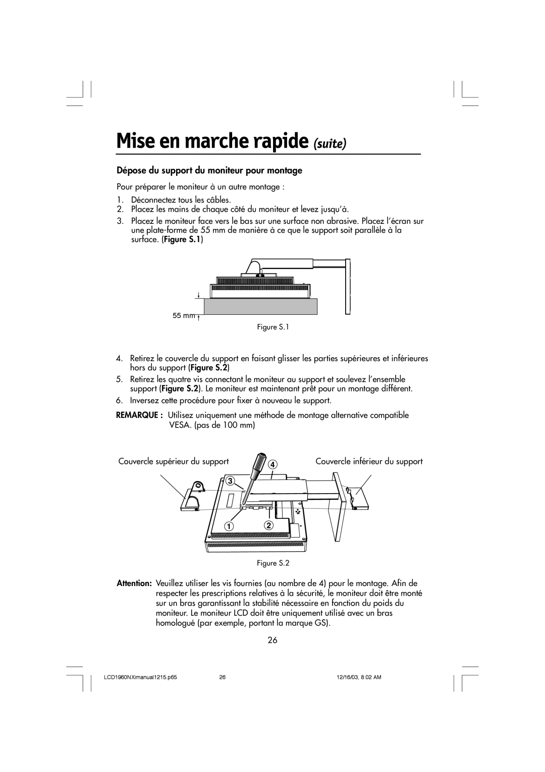 NEC LCD1960NXI manual Dépose du support du moniteur pour montage, Figure S.1 