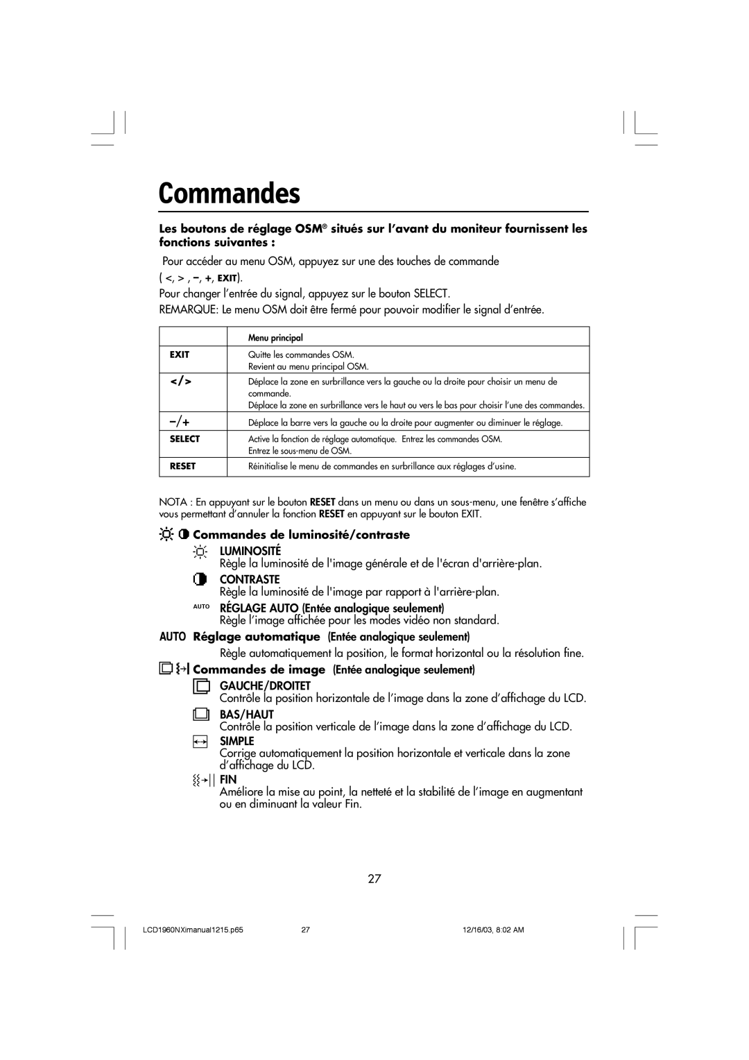 NEC LCD1960NXI manual Commandes, Exit 