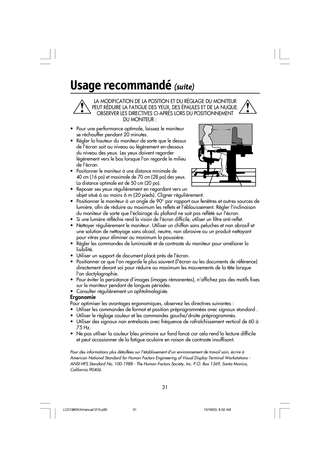 NEC LCD1960NXI manual Usage recommandé suite, Ergonomie 