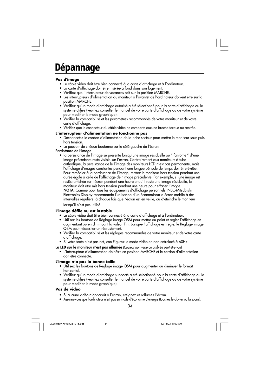 NEC LCD1960NXI manual Dépannage, Pas dimage 