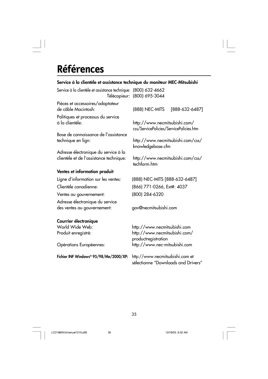 NEC LCD1960NXI manual Références, Techform.htm 