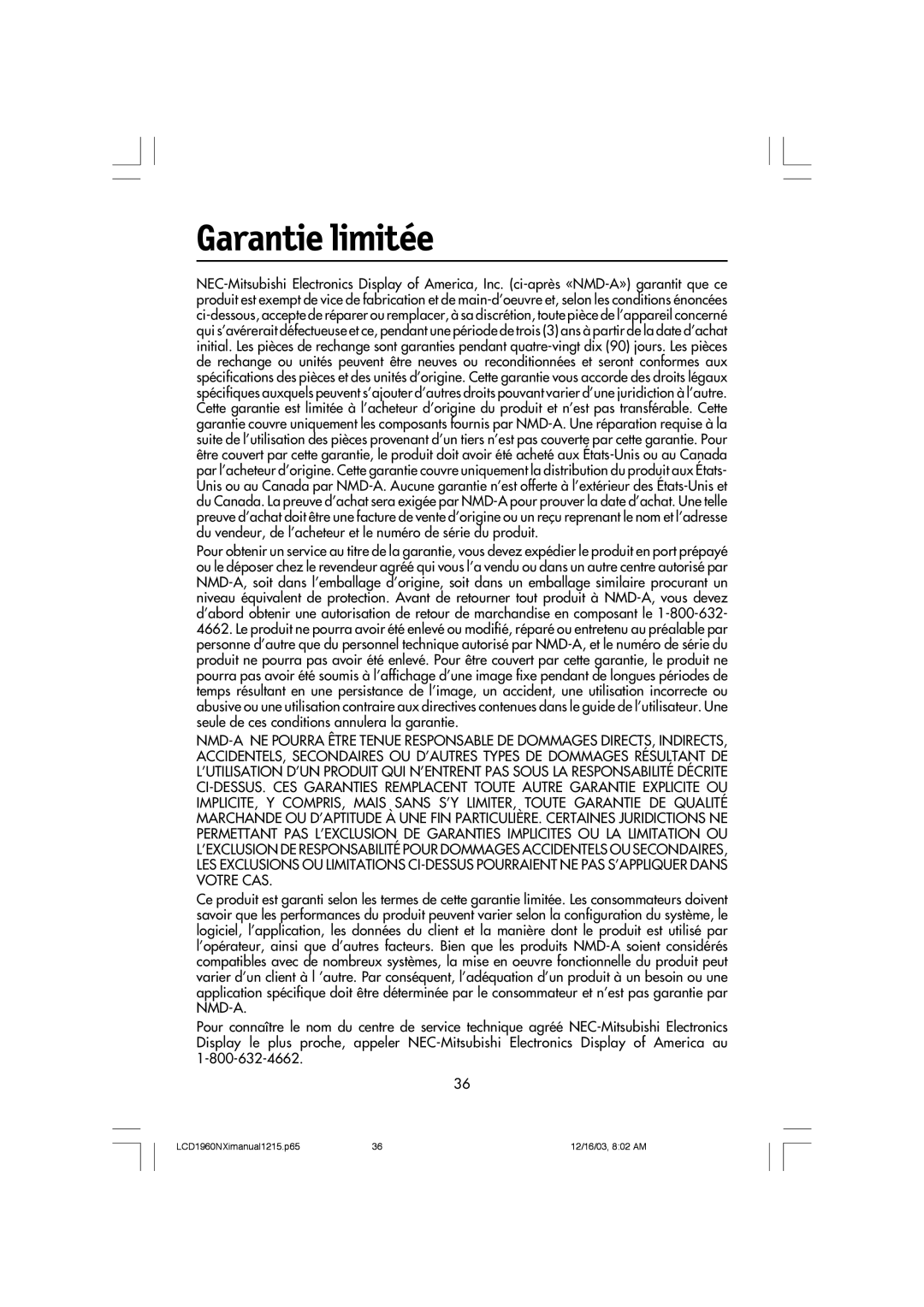 NEC LCD1960NXI manual Garantie limitée 