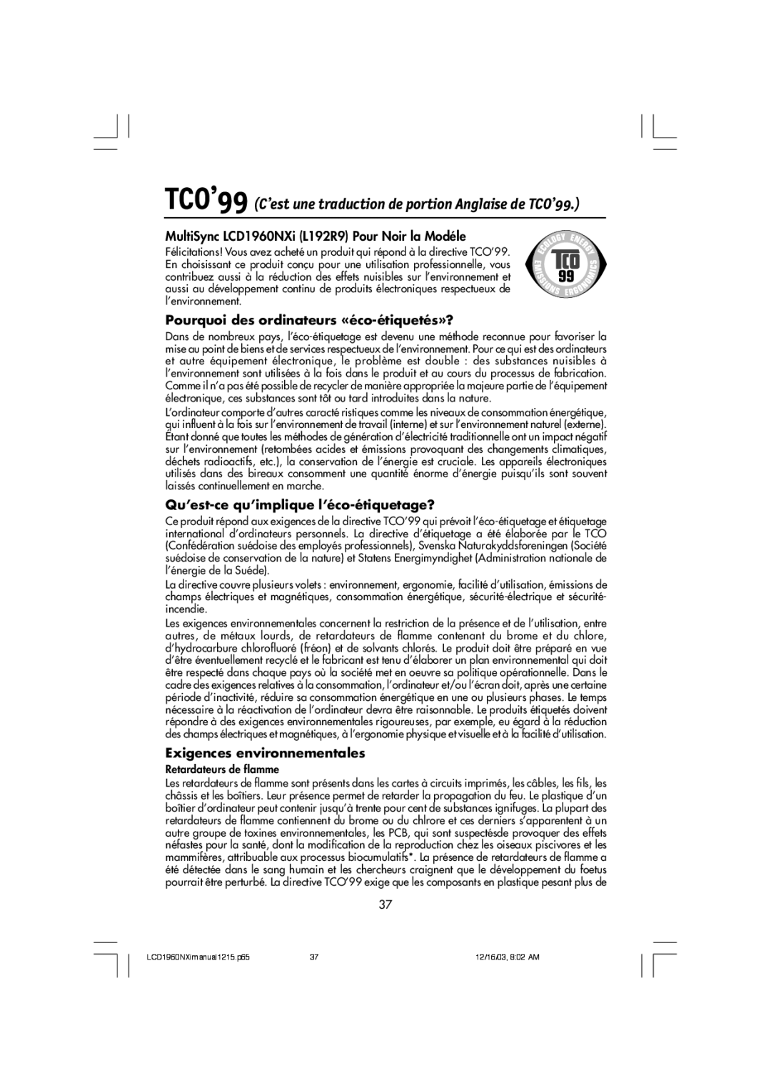 NEC LCD1960NXI manual MultiSync LCD1960NXi L192R9 Pour Noir la Modéle, Pourquoi des ordinateurs «éco-étiquetés»? 