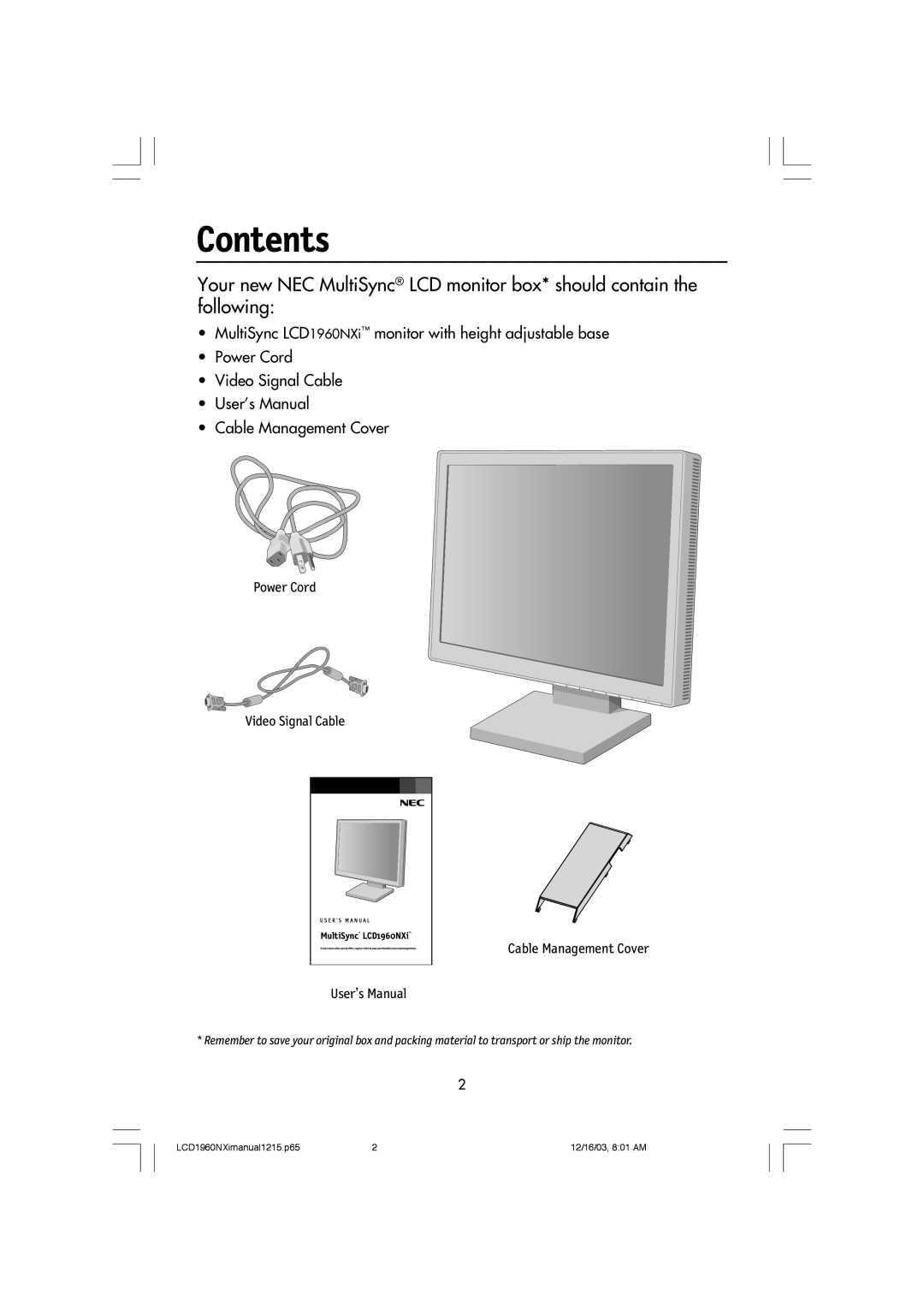 NEC LCD1960NXI manual Contents 