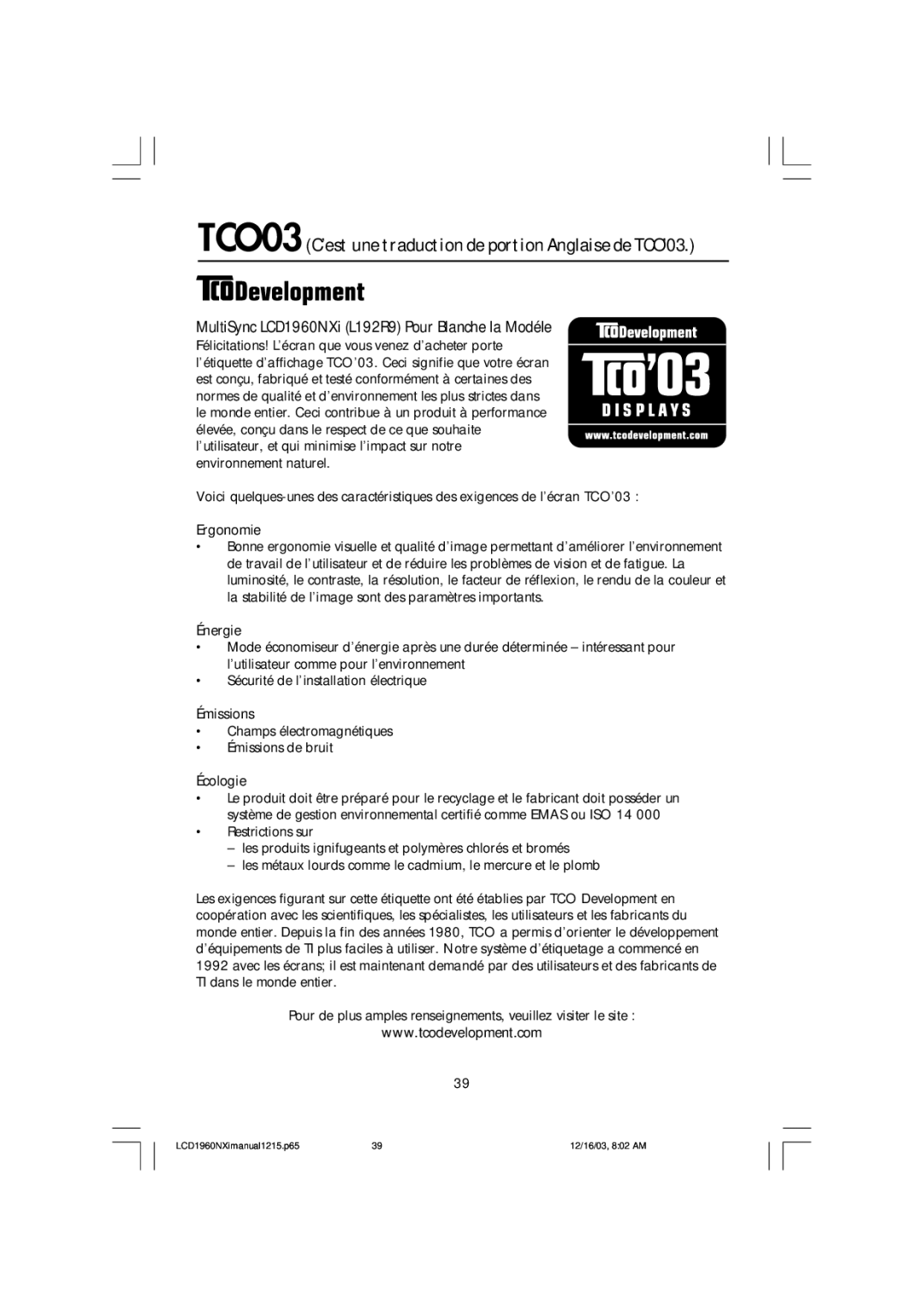 NEC LCD1960NXI manual TCO’03 C’est une traduction de portion Anglaise de TCO’03 