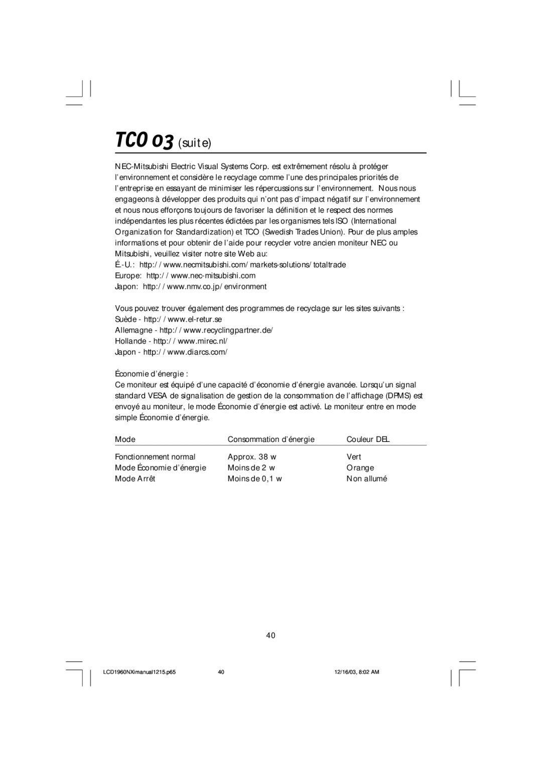 NEC LCD1960NXI manual TCO’03 suite 