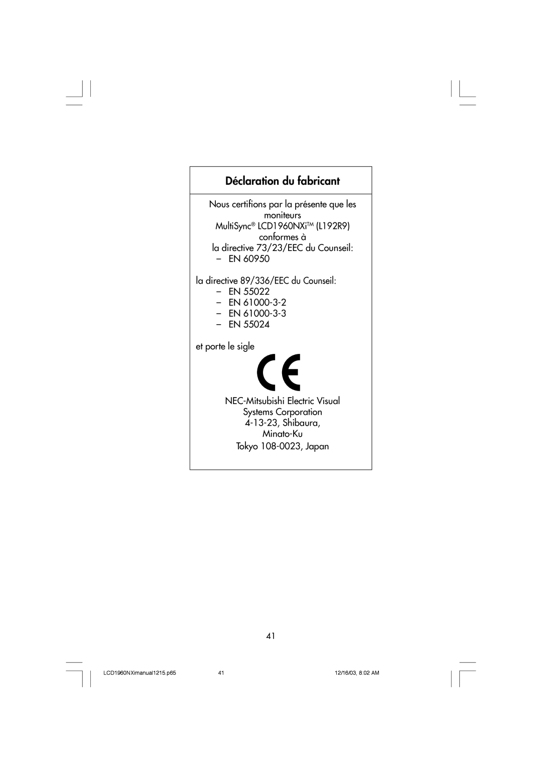 NEC LCD1960NXI manual Déclaration du fabricant 